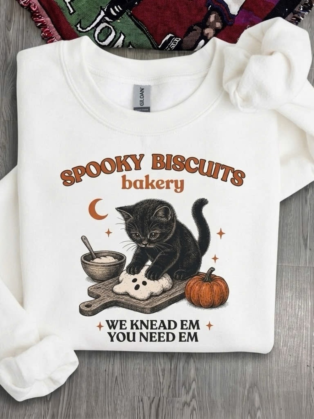 Gildan Cream Kids Sweatshirt with Black Kitten & Pumpkin Graphic